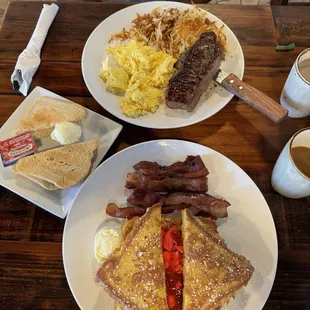 New York steak with Eggs, and Stuffed French Toast with strawberries.