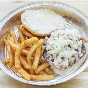 Handmade Mushroom Onion Burger, combo with crispy fries.