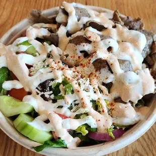 Beef/Lamb Bowl, sub out pilaf for salad