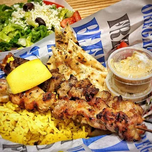 Souvlaki plate with chicken and pork. Everything was delicious, fresh, and satisfying!