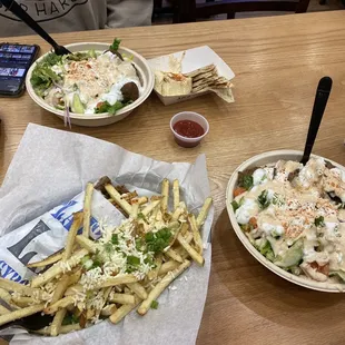 Greek Fries, Beef/Lamb Gyro Pita, beef/lamb Gyro Bowl, falafel bowl