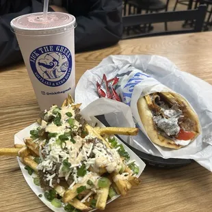 Drink, Nicks Fries, and Beef/Lamb Gyro Pita (instagram: wooneats)