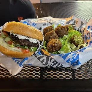 Grecian Beefteki Burger and Falafel