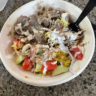 Beef gyro bowl without lettuce.