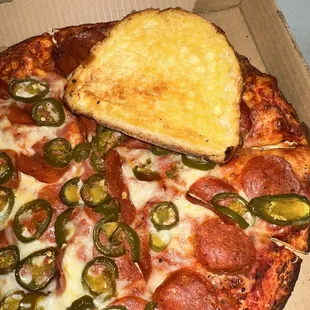 Garlic Cheese Bread 2 Piece.  Medium Pepperoni &amp; Jalapeño Pizza  &quot;well done/crispy&quot;