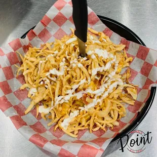 Weirdo Burger w/o the bun... YUM!
Patty, Bacon Cheese Fries, Onion Straws and topped with our homemade delicious Ranch!
No side needed ;)