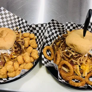 two plates of food on a counter