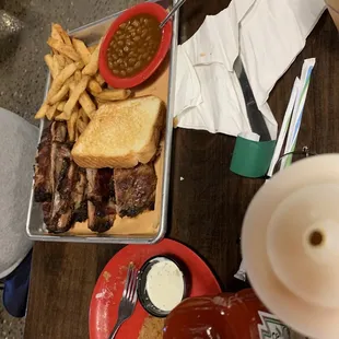 Ribs, fries and beans