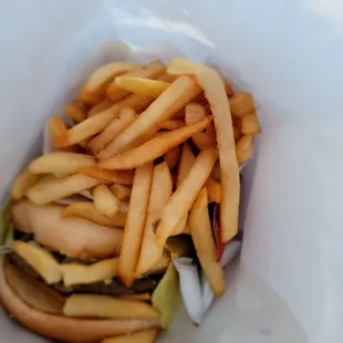 My cheeseburger and fries to go