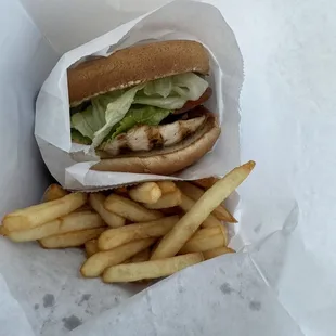 The infamous bag shot. Charbroiled Chicken Burger and AMAZING fries.