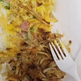 Hashbrowns and ham and green pepper omelette