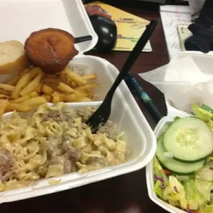 Beef stroganoff and side salad from Nick's Cafe