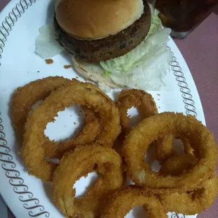 Veggie burger with onion rings on the side - this was average