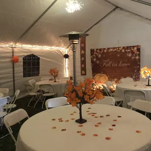 20/30 canopy with sides , heaters, tables , chairs , linens