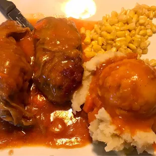 Cabbage roll special with mashed potatoes and sweet corn