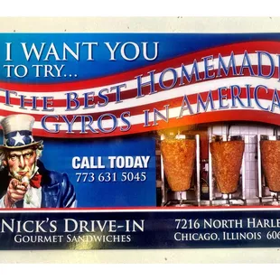 Nick&apos;s Drive -in. 7216 N HarlemAve. Chicago IL.  Old Fashion Greek/American Fast Food Place.  Gyros Italian Hamburgers Hot Dogs. etc. Cool.