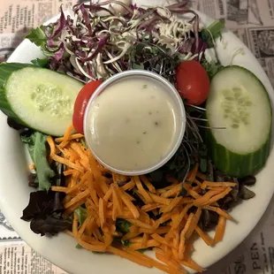 Side salad with house Italian dressing. It even had micro greens!!  Yum!!