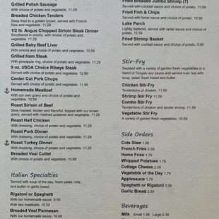 Main courses, side orders, beverages, desserts