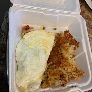 Veggie omelette (egg white only and substitute the Swiss with mozz) Doesn&apos;t look fancy but it&apos;s good!
