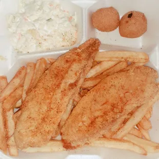 Tilapia basket (2 pc Tilapia , Fries, cole slaw &amp; hush puppies)