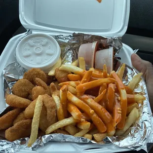 1/2 Lb. Shrimp Basket, Buffalo sauce on fries.