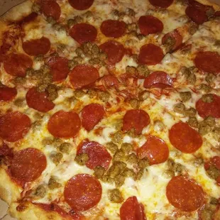 Pepperoni and sausage...So yummy!
