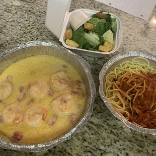 My husband got 6 whole shrimps, nothing else. With a side of spaghetti . Olive Garden at least adds asparagus