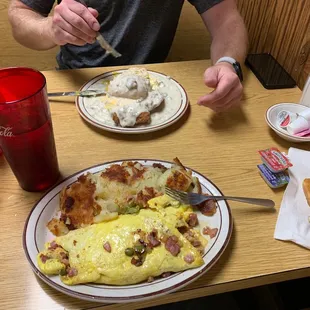 Western Omelette w/ Hash browns and Chicken Biscuits &amp; Gravy