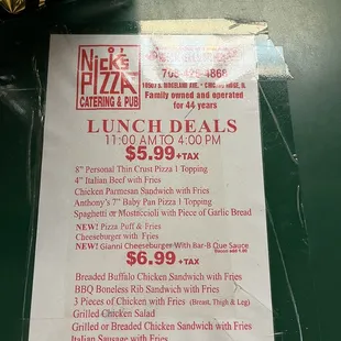 a menu for lunch