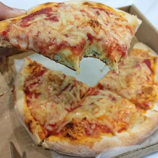 Vegan Cheese Pizza. Very flavorful with perfect thick doughy texture.