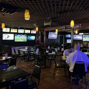 people sitting at tables watching tvs