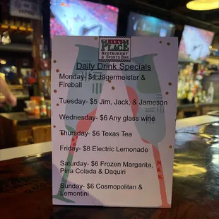 Daily Drink Special Menu