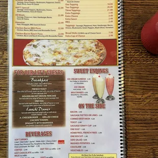 Nick's menu - Pizza, desserts, beverages, and the kids menu