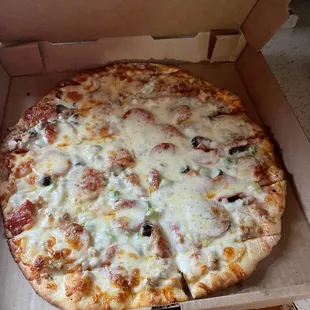 Around the world pizza minus the mushrooms