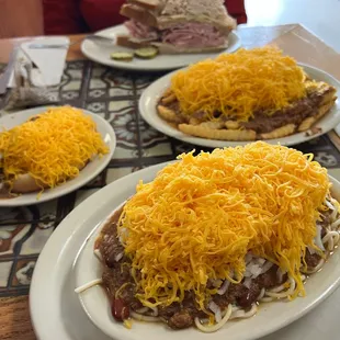 Cheese coney, 5 way and chili cheese fries