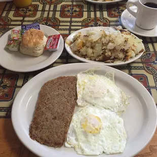 Goetta is a local thang. Potatoes were great, could not finish. Coffee is standard-issue, middle-America, watered down stuff.