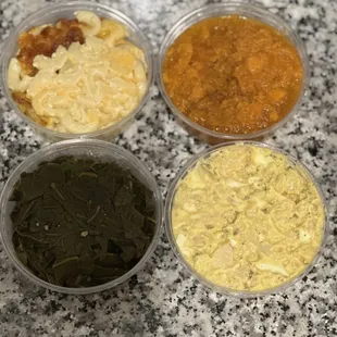 Macaroni and Mac &amp; Cheese, potato salad, greens, and sweet potatoes
