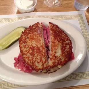 Latkes and corned beef.
