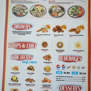 Salads, dinners, soups and sides.