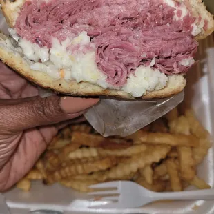 Corned beef with Swiss cheese and cole slaw.