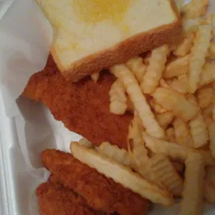 Chicken tenders and fries.