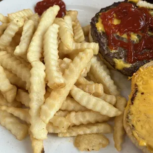 a hamburger and french fries