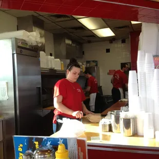 Behind Nicky D&apos;s coney counter