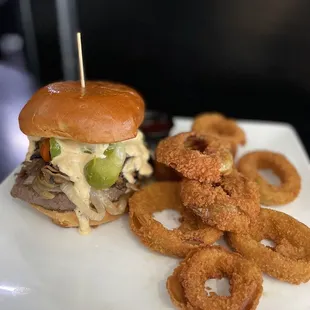 Mushroom and Swiss Burger and onion rings