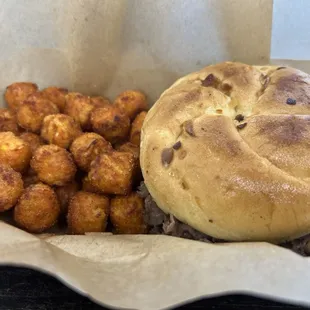 Beef and cheddar and sweet potato tots