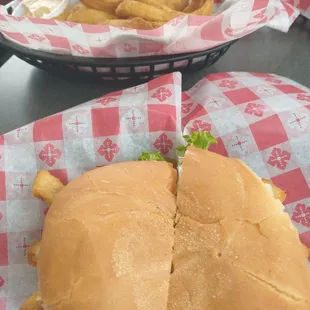 Perch sandwich and onion rings