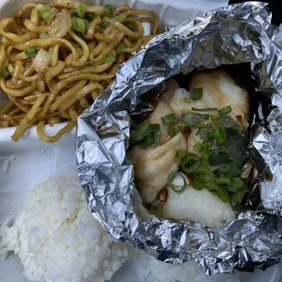 Steamed sea bass with ginger and soy. Ran out of toss and Mac salad so got fried noodles.