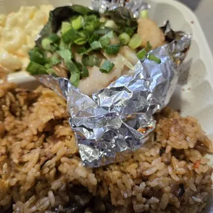 Steamed Sea Bass with fried rice and mac salad