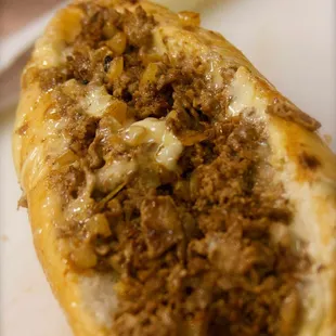 a closeup of the cheesesteak