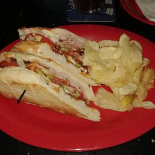 Ham and turkey club sandwich.